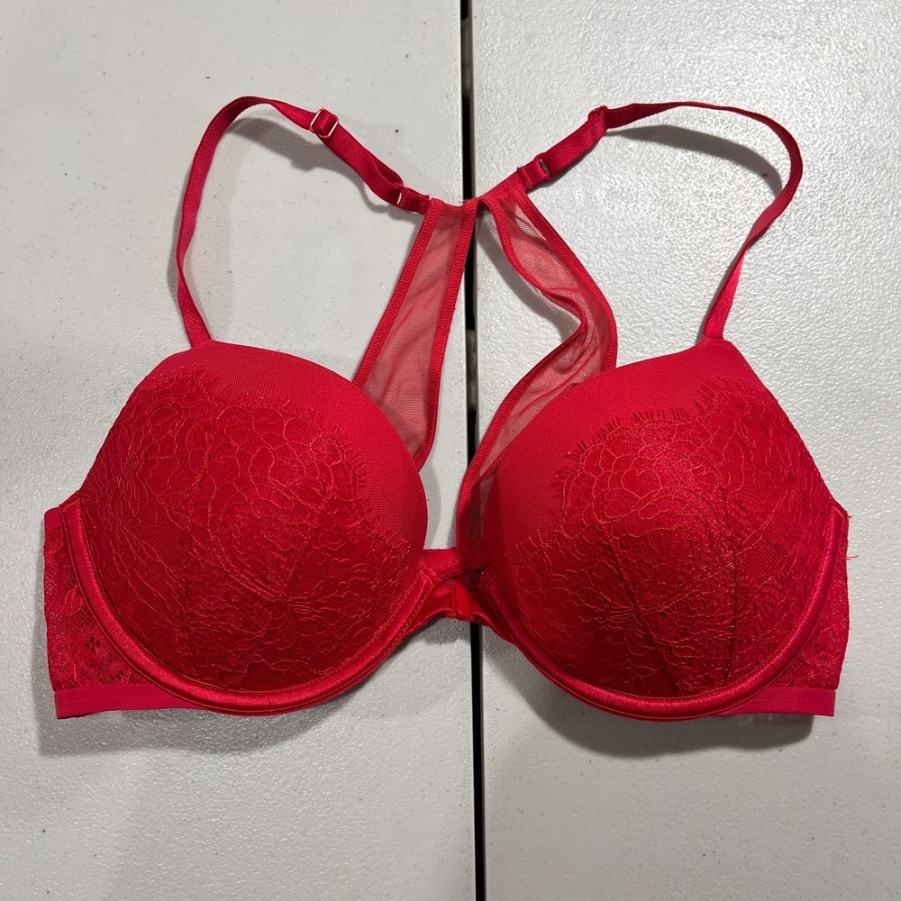 Victoria's Secret 34C Clash Back Detail‎ Push-up Bra Bright Cherry Red
